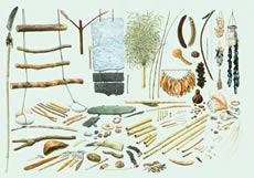 pietre, semi, legni, conchiglie, ossa, corni impiegati come percussioni, fischietti, flauti, trombe, ance, rombi, archi