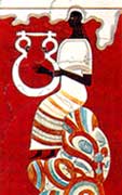 Affresco miceneo del 1300 a. C., nella Stanza del Trono del Palazzo di Nestore a Pylos, possiamo notare la serie di linee ondeggianti all’altezza delle orecchie della suonatrice di cithara, come se fosse in ascolto nel mezzo di un fiume di suoni. 